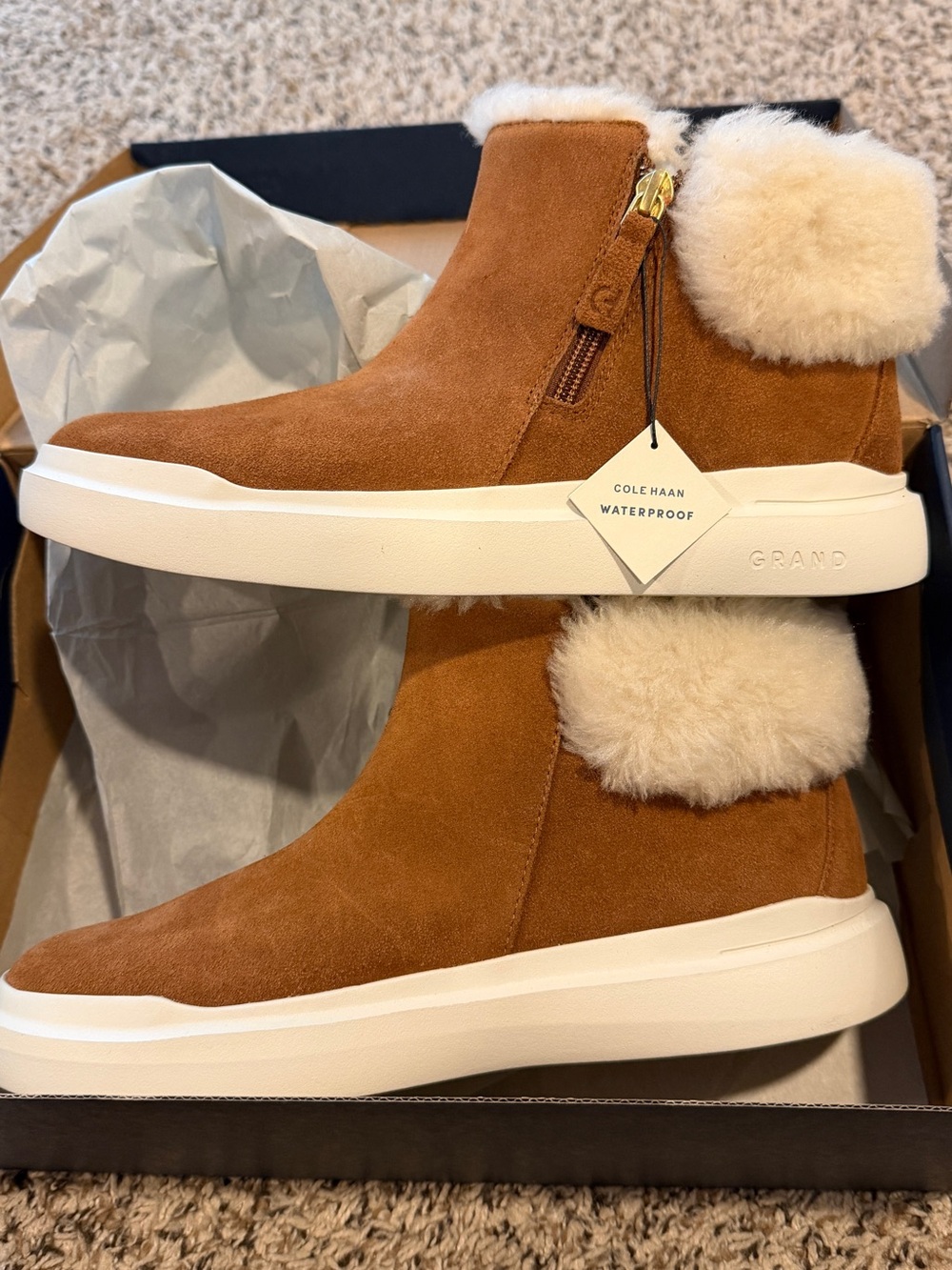 Cole Haan Chestnut Suede Shearling-Trim Zip Ankle Booties